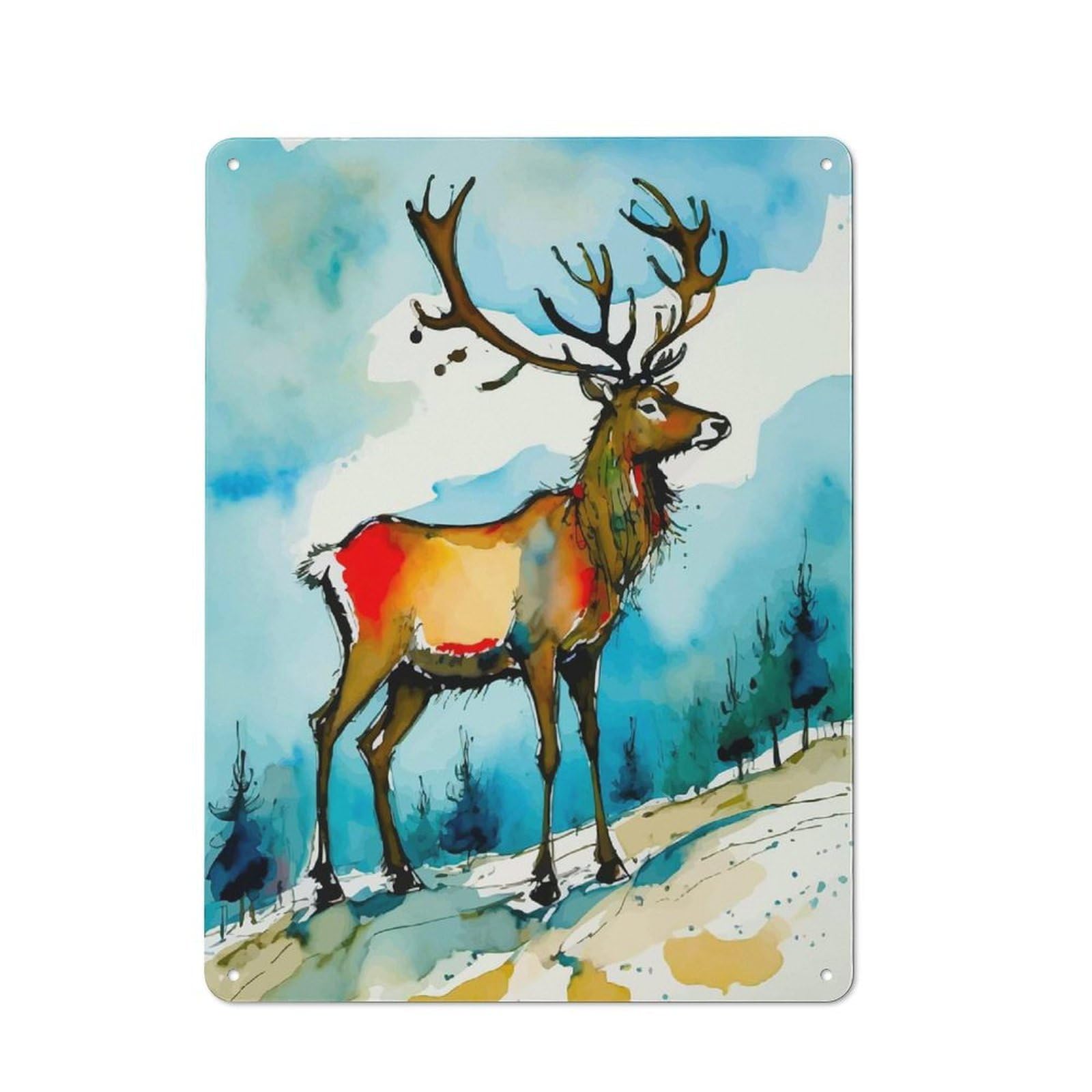 Junmoney Watercolor Reindeer In Winter Smart Decorative Metal Sign 40X30cm, Studio Wall Plaque For Hobby Room, Office, Lounge Or Living Room