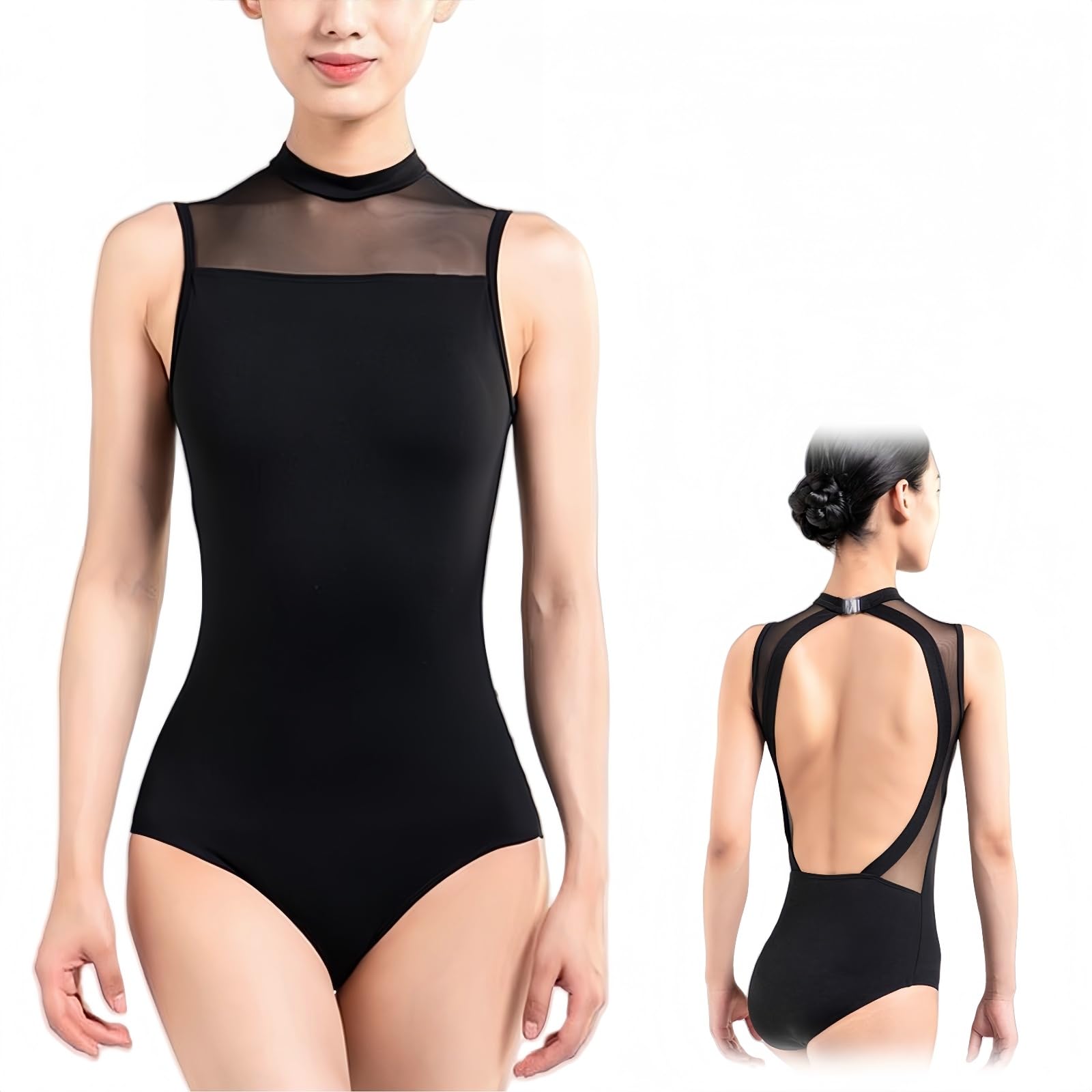 Hybursky Ballet Bodysuit for Women Mesh Sleeveless Dance Leotard Turtleneck Backless Gymnastics Leotards Jumpsuit Top Dance Costume Adult Dancewear(Black/XL)