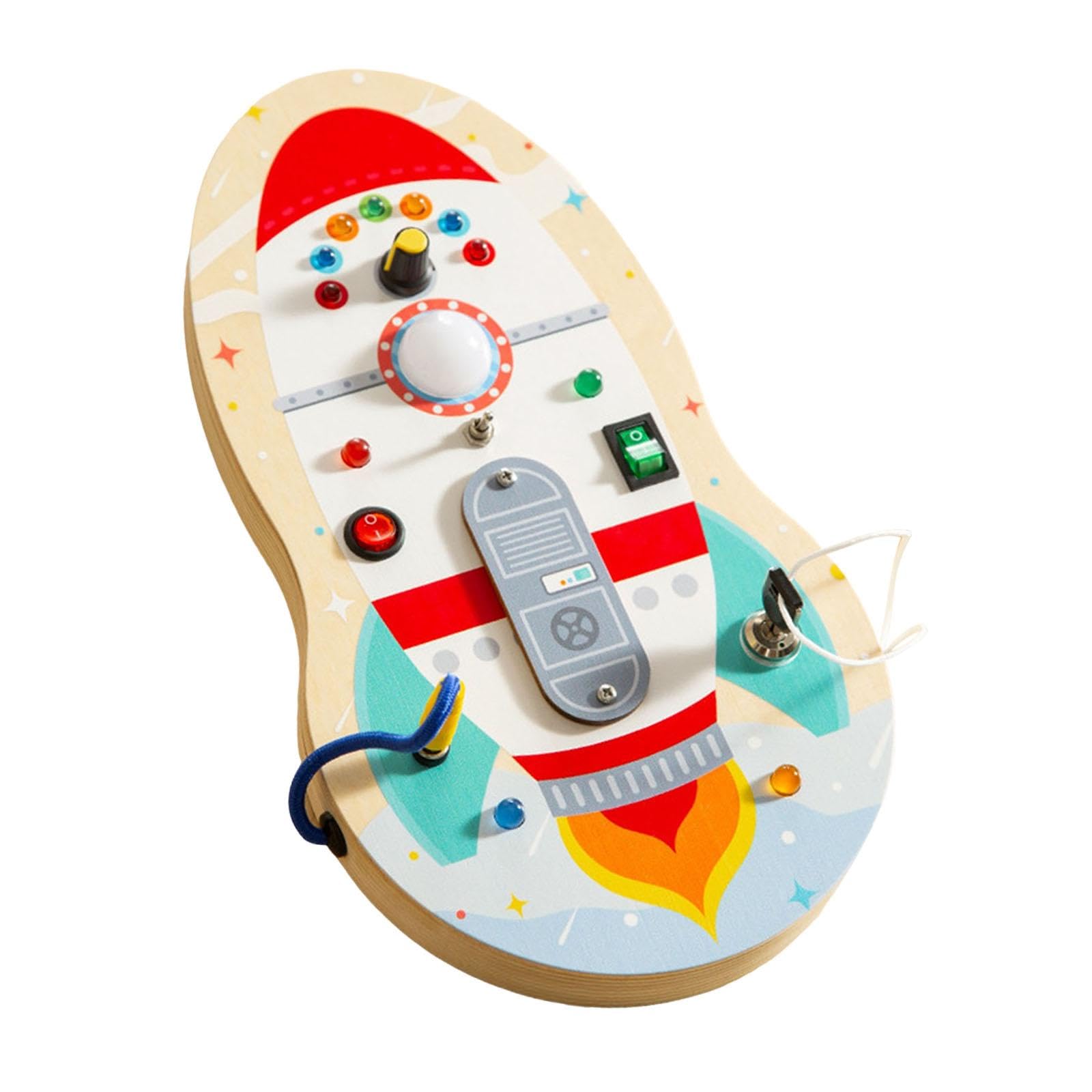 Busy Board Lernspielzeug Kinder LED Schalterbrett Steckdose Feinmotorik Förderung Handwerksaktivitäten aus Holz für Vorschule Reisen, Rakete