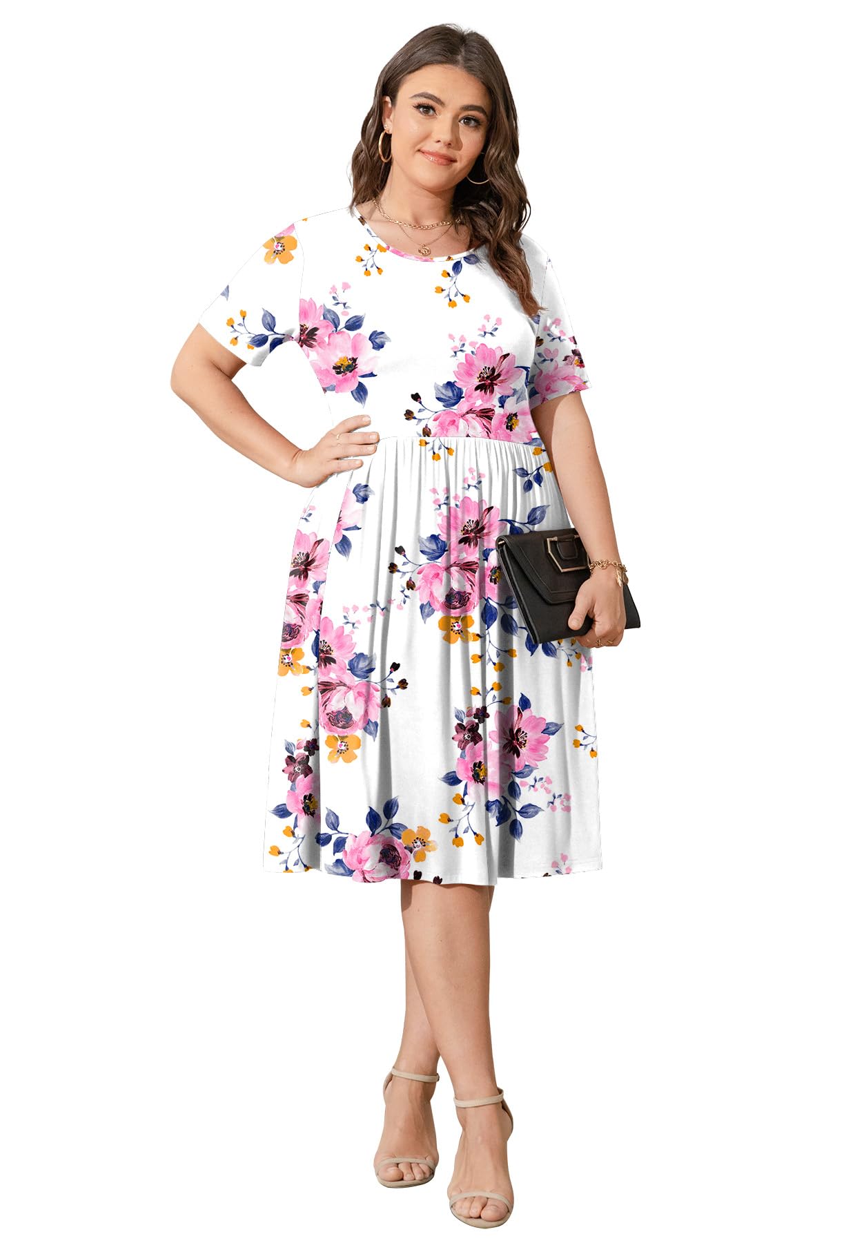 POSESHE Damen-Sommerkleid in Übergröße 2023, lässig, kurzärmelig, Empire-Taille, lockere Passform, Swing-T-Shirt-Kleid mit Taschen