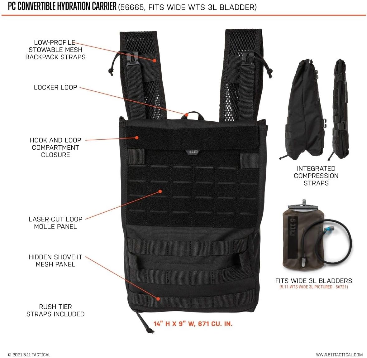 5.11 Tactical Water Hydration Carrier Pouch Backpack Attachment, PC Convertible, Black, Style 56665ABR