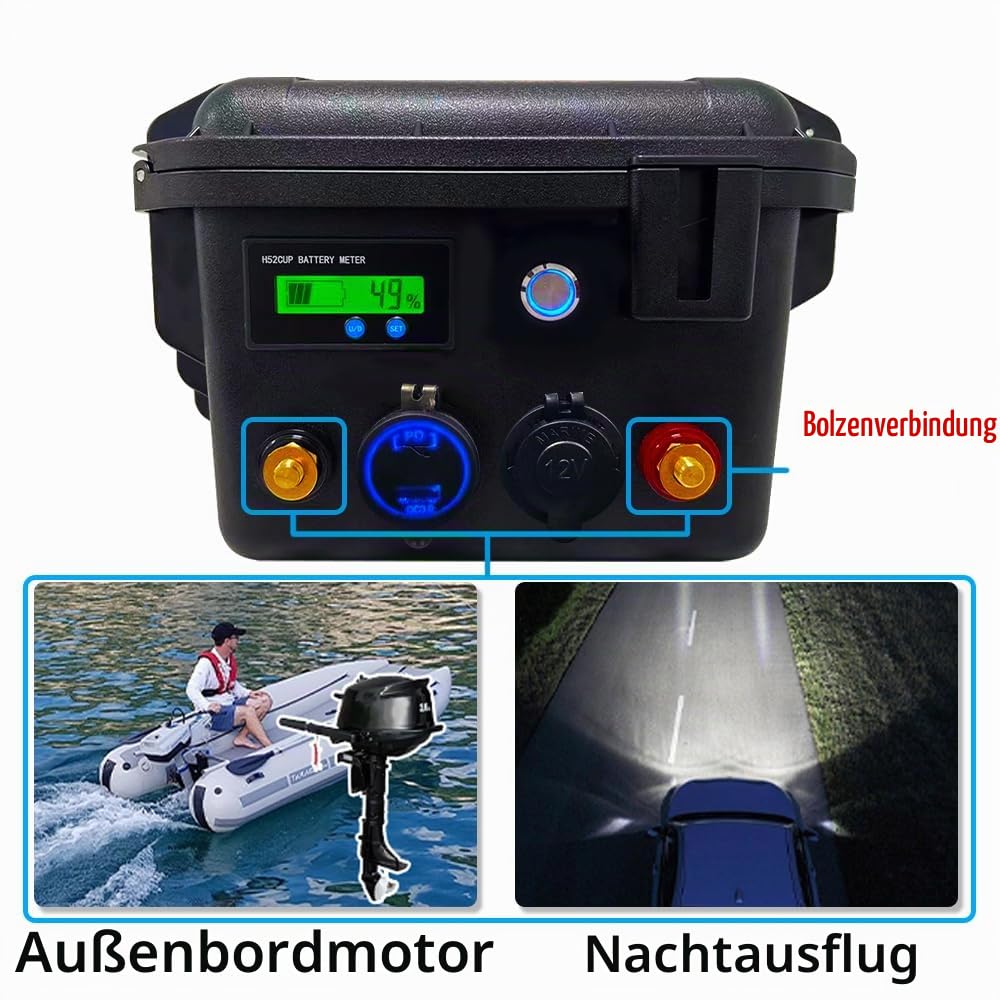 lifepo4 12V 100Ah mit Bluetooth und Ladegerät, Marine Batterie 100A Intelligente BMS 6000+ Zyklen Akku für Trolling-Motoren, Marine, Boote,Camping