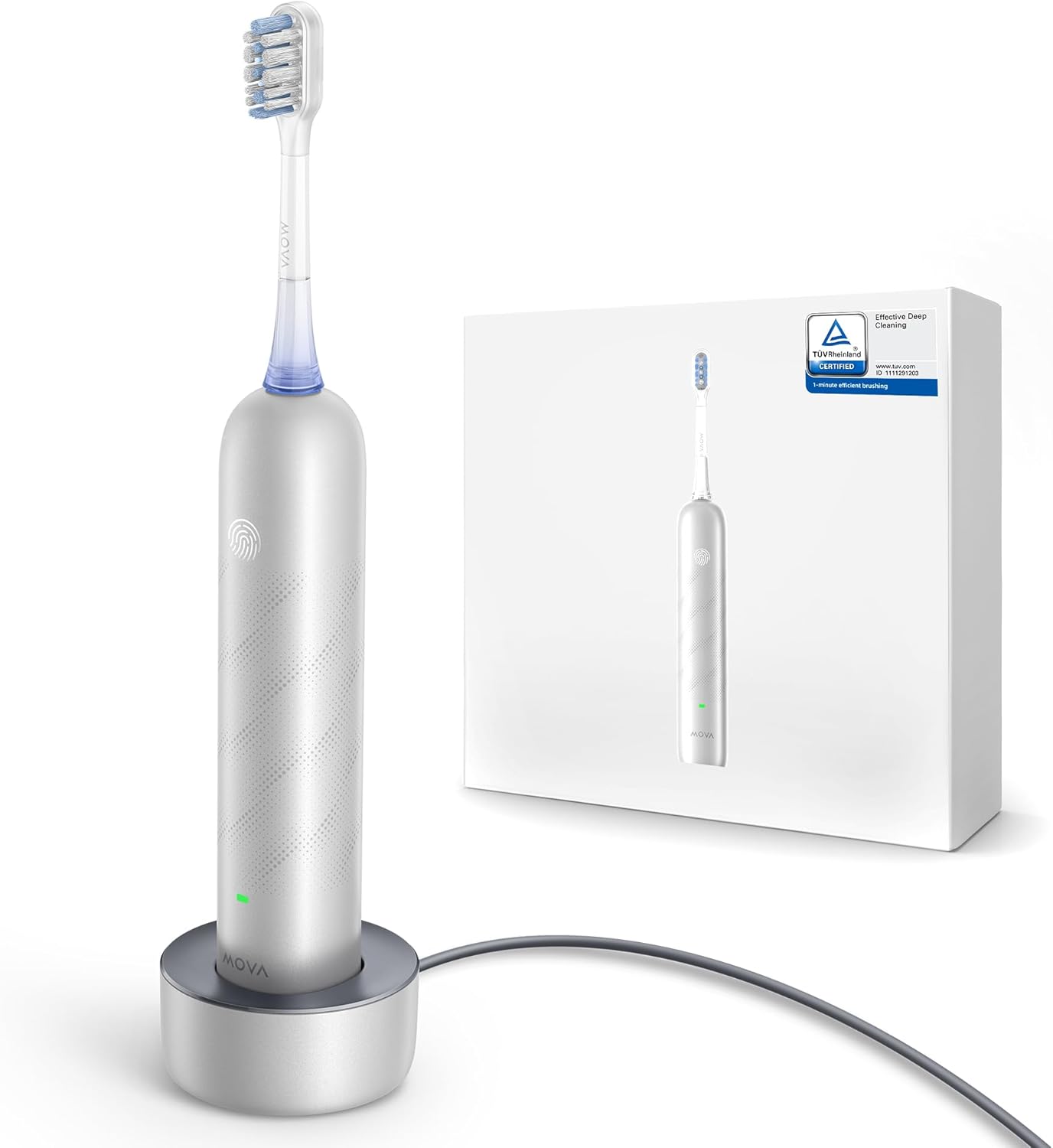Mova Fresh Pro Electric Toothbrush on its wireless charging base