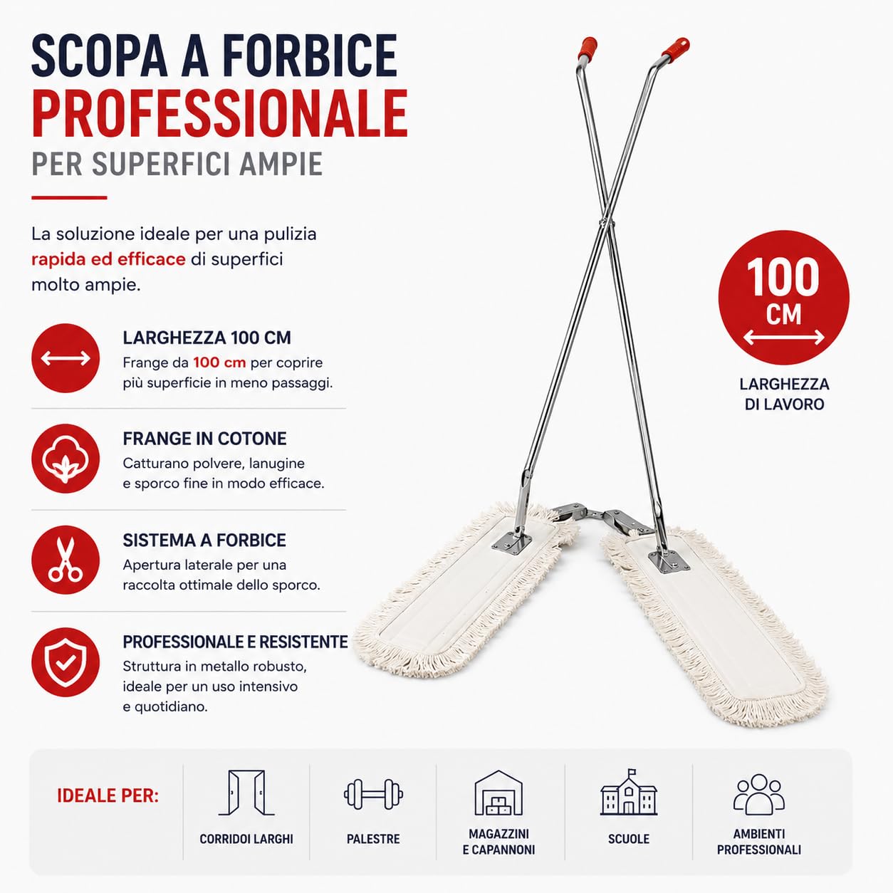 Scopa a Forbice con Manico e 2 Frange da 100 cm | Ampia copertura da 100 cm, Completa di manico e 2 frange, Ideale per grandi superfici, Utilizzo professionale