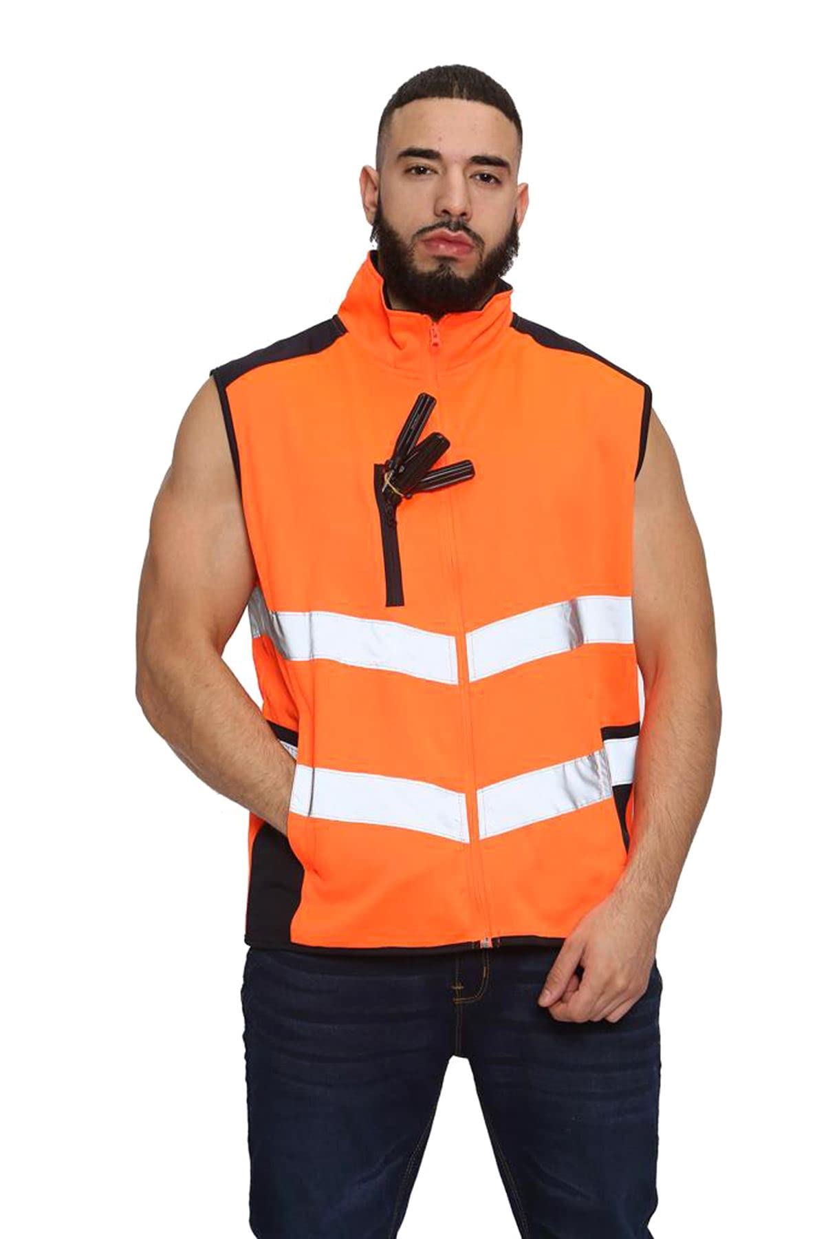 janisramone Hi Vis - Chaleco sin mangas para hombre, alta visibilidad, forro polar, repelente al agua, Naranja neón/Azul marino., L