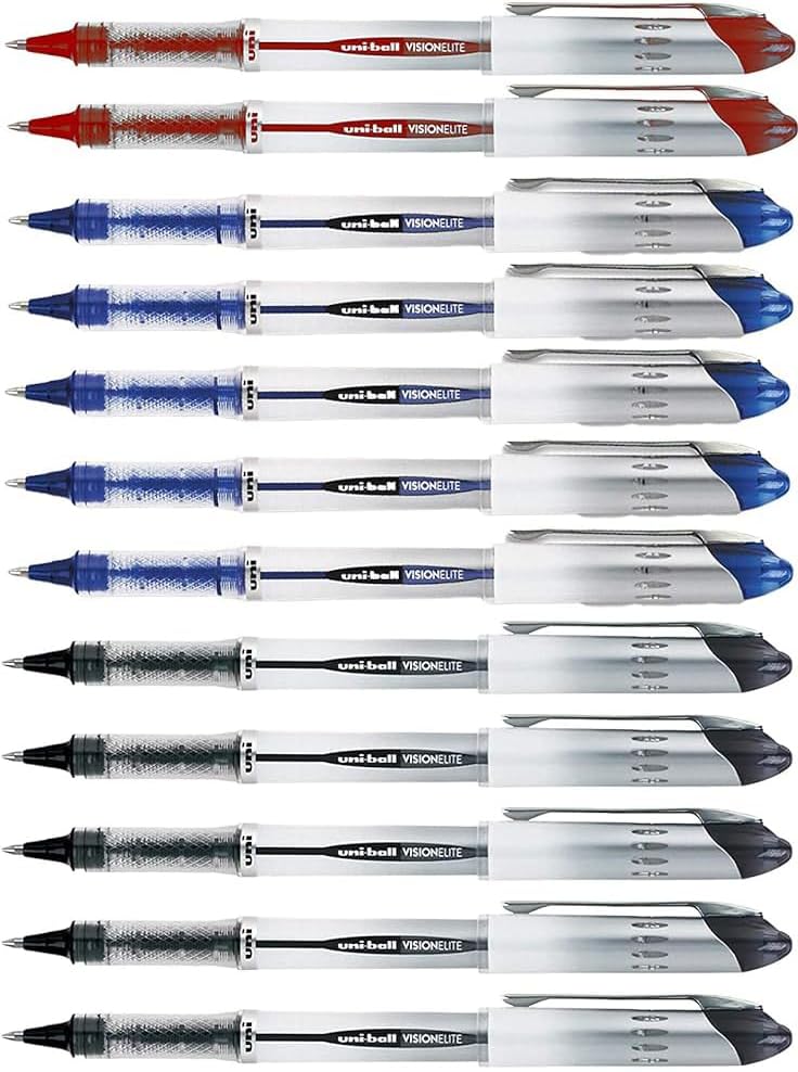 Vision Elite Rollerball Pens, Bold Point (0.8mm), Black/Blue/Red Ink, 12 count, Bundle with Plastic Reusable Pouch