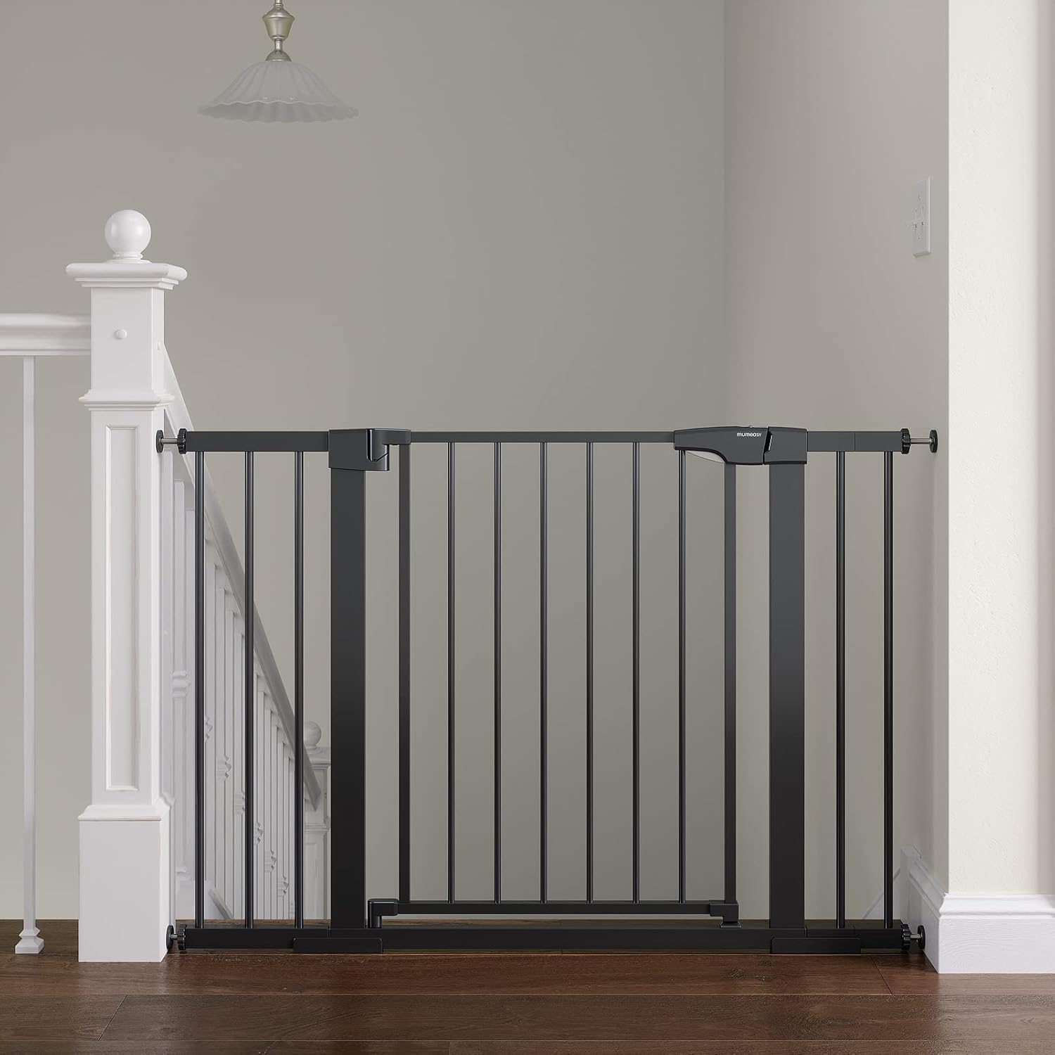 Mumeasy Baby Gate for Stairs, 29.6"-46" Pressure Mounted Dog Gate for House, Auto Close Pet Gate with Walk Through Door for Stairs, House or Doorways