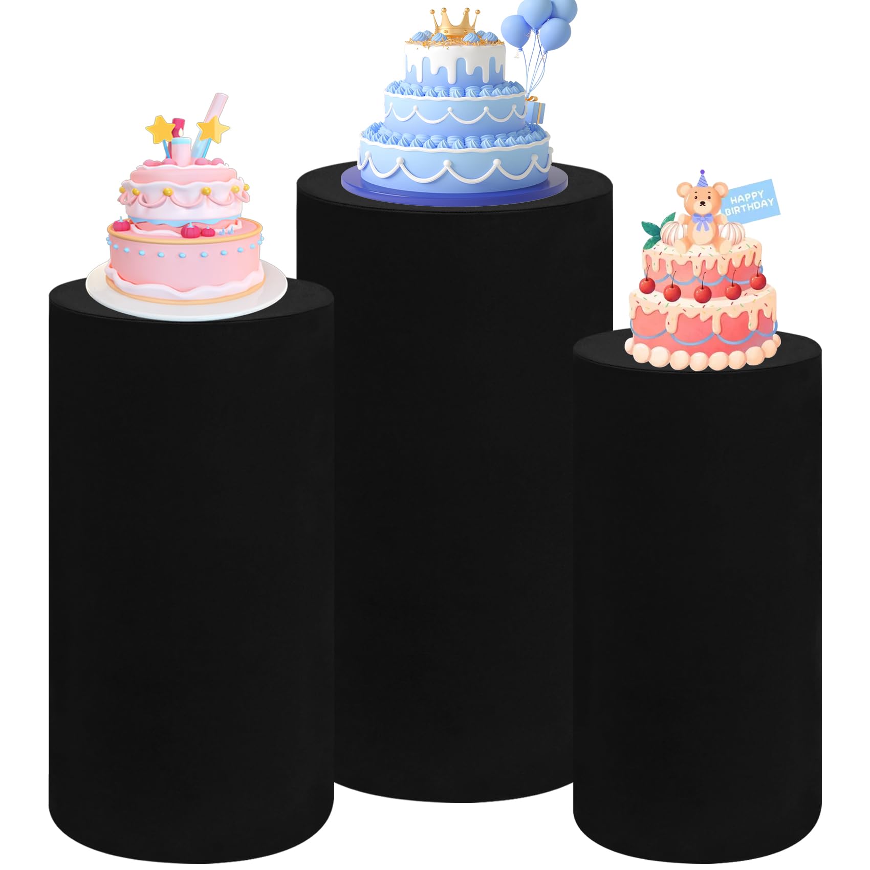 JALANCY Set of 3 Spandex Cylinder Pedestal Stand Covers Stretchable Pillar Covers for Metal Cylinder Pedestal Stands Elastic Cylinder Plinth Display Covers for Baby Shower Birthday Decor（Black）
