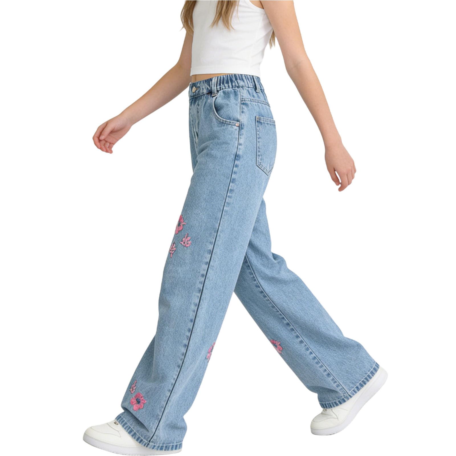 Vaqueros Baggy para Niñas,Cintura Alta Elástica Pierna Ancha Pantalones de Denim con Bordado de Floral Casual Hip Hop Jeans Holgados Recto Pantalon Vaquero con Bolsillos para Niños 6-13 Años