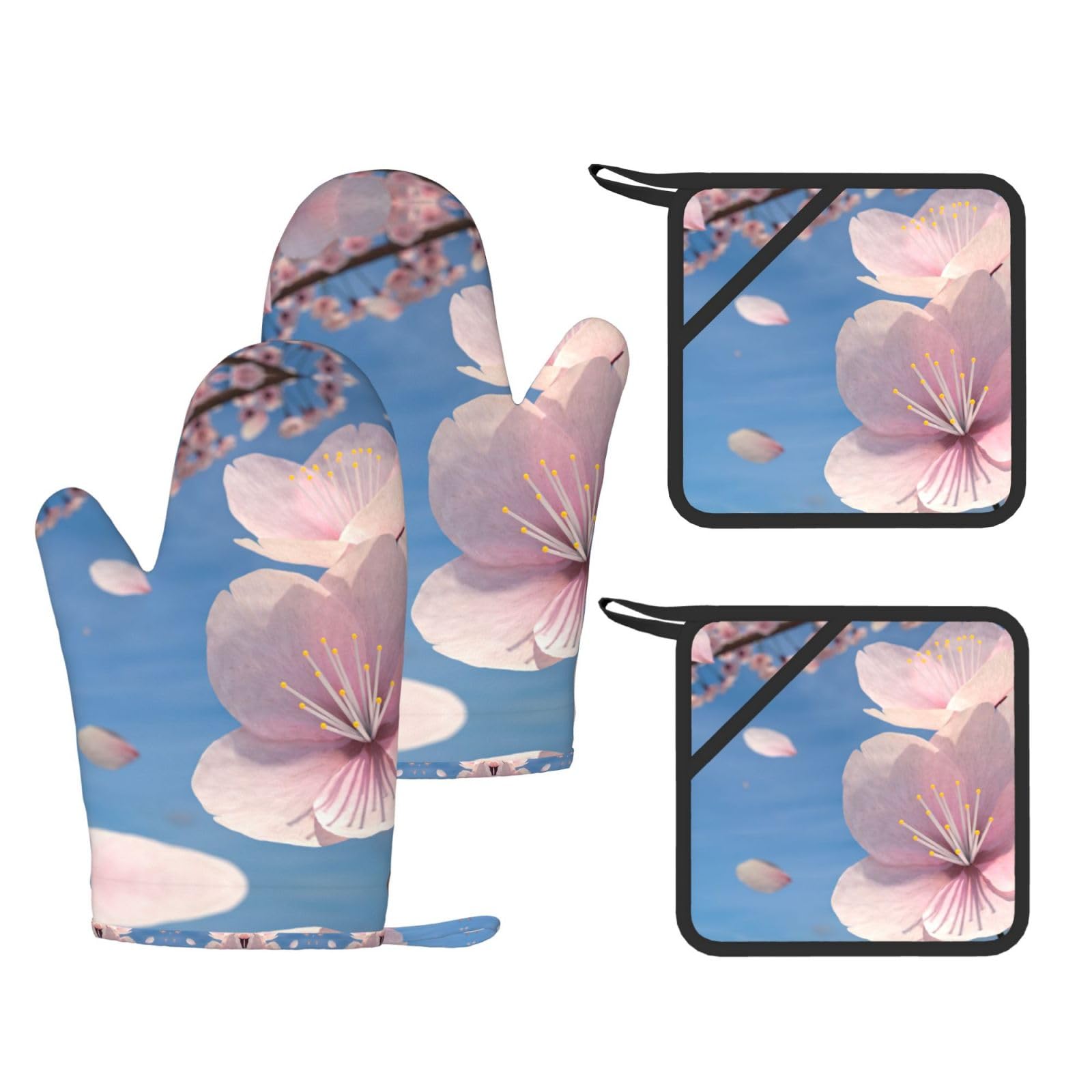 Cherry Blossoms Printed Oven Mitts and Pot Holders Set of 4, Heat Resistant Silicone Gloves for Baking Grilling