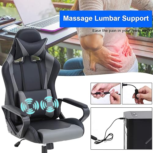 Miniatura 88 de Silla ergonómica para videojuegos, silla de juegos de piel sintética con reposacabezas, silla de carreras para computadora con soporte lumbar, silla