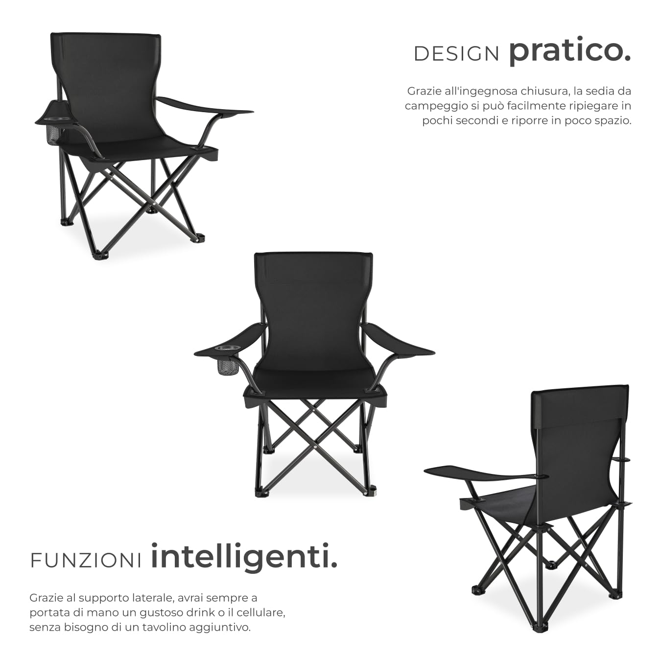 tectake® Set 4 Sedie da Campeggio Pieghevoli, Comoda Imbottitura, Sedie da Esterno con Tessuto in Poliestere, Sedia da campeggio con Bracciolo e Porta Bevande Incorporato, Pratica Borsa Inclusa - Nero