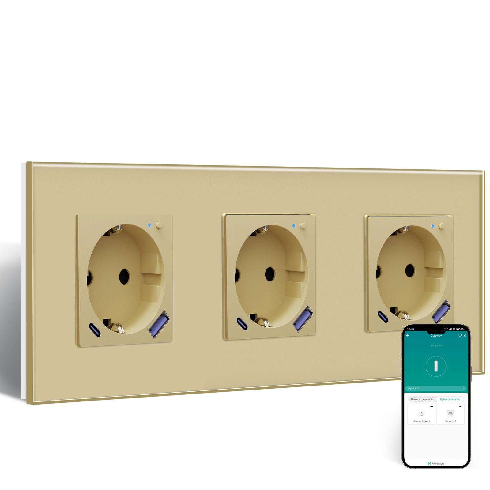 BSEED ZigBee Smart gniazdko elektryczne z USB C 20 W, szybka ładowarka, gniazdko podtynkowe do Alexa/Google Home, licznik prądu do gniazdka z aplikacją Smart Life/Tuya, 3-krotna złota (wymagany hub