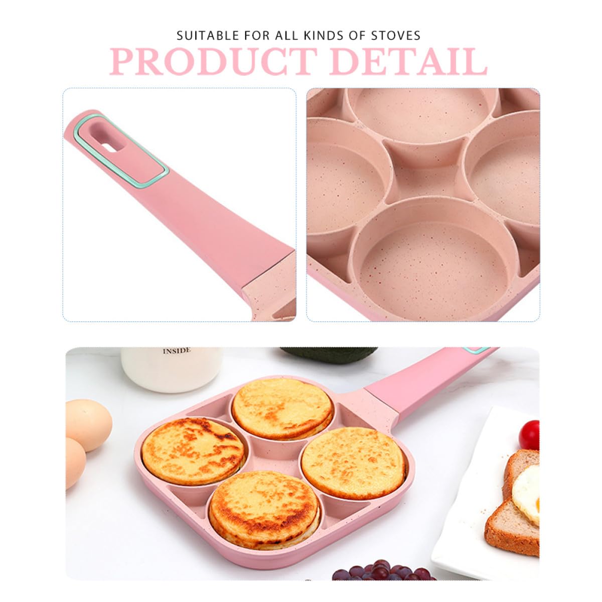 TOYANDONA Padella Antiaderente per Uova Multiforo 4 Fori, Pentola Compatta e Leggera per Colazione Domestica, Padella Pratica per Cucinare Hamburger e Frittate, Strumento da Cucina Facile