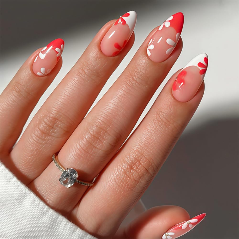 French Tip Press on Nails Short Almond CEWEWP Fake Nails Full Cover Flower False Nails with Designs Pink White Nail Tip Glossy Glue on Nails Acrylic