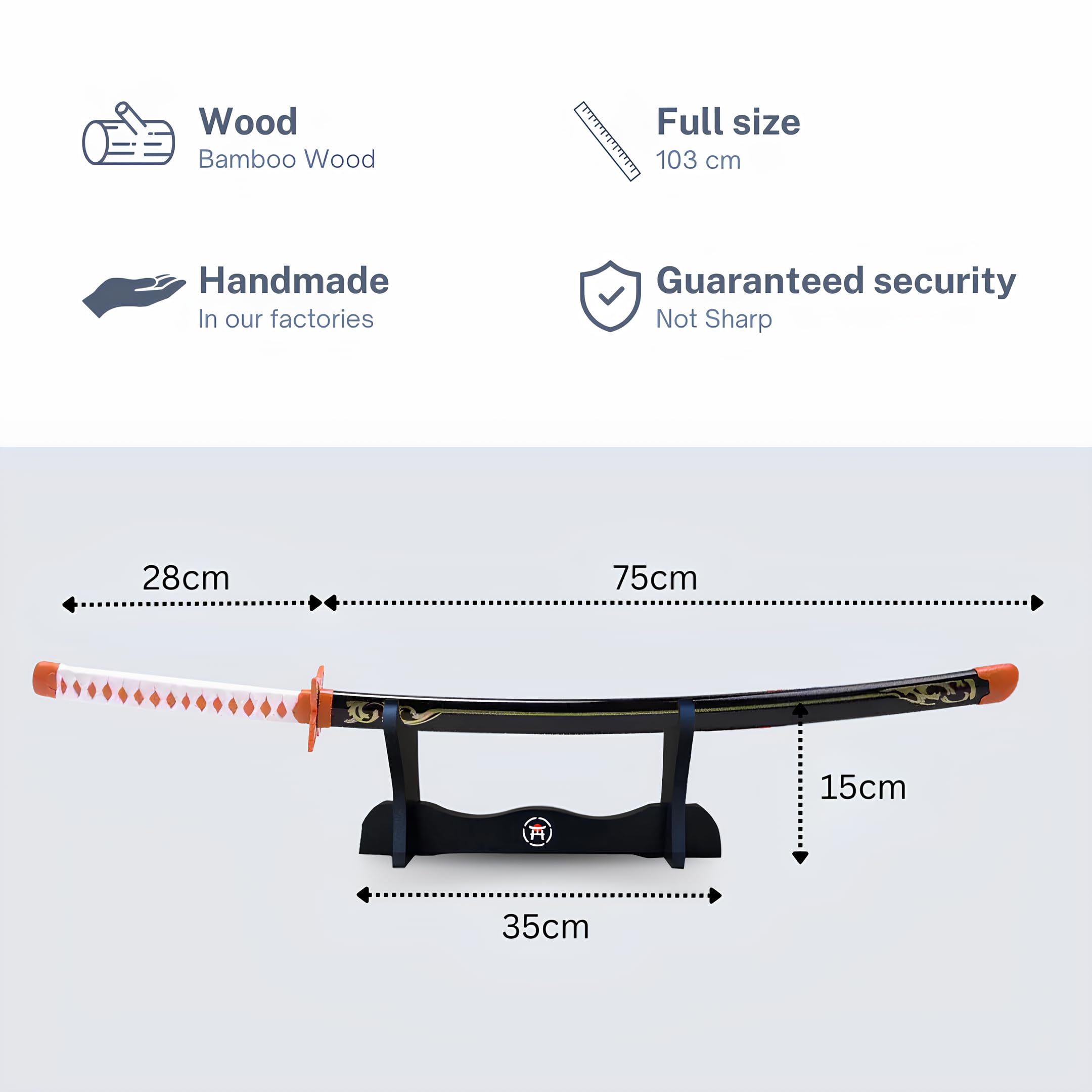 Katana Demon - Réplique Manga Sabre + Support Epée Bois + Ceinture - Catana Japonais Cosplay Décoration Jouet Enfant Adulte - Jeu Déguisement Deco Ninja (Shinobu)