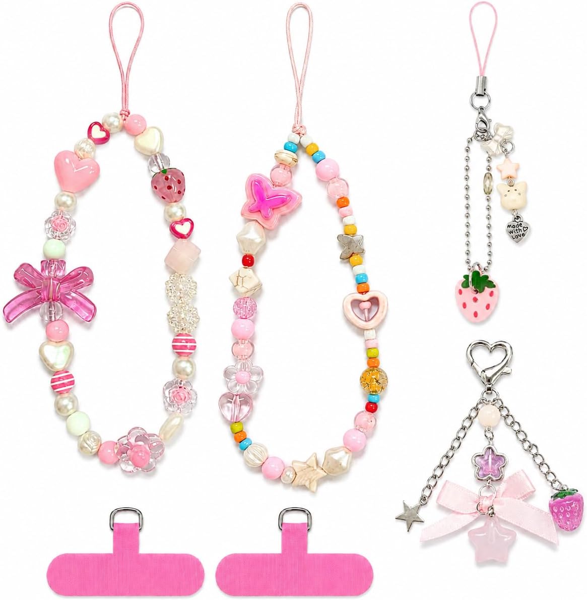6Pcs Phone Charms with Rhinestone Bow, Beaded Bracelet Style, Kawaii, Type-C, for Wallet, Bag, Camera, Airpods
