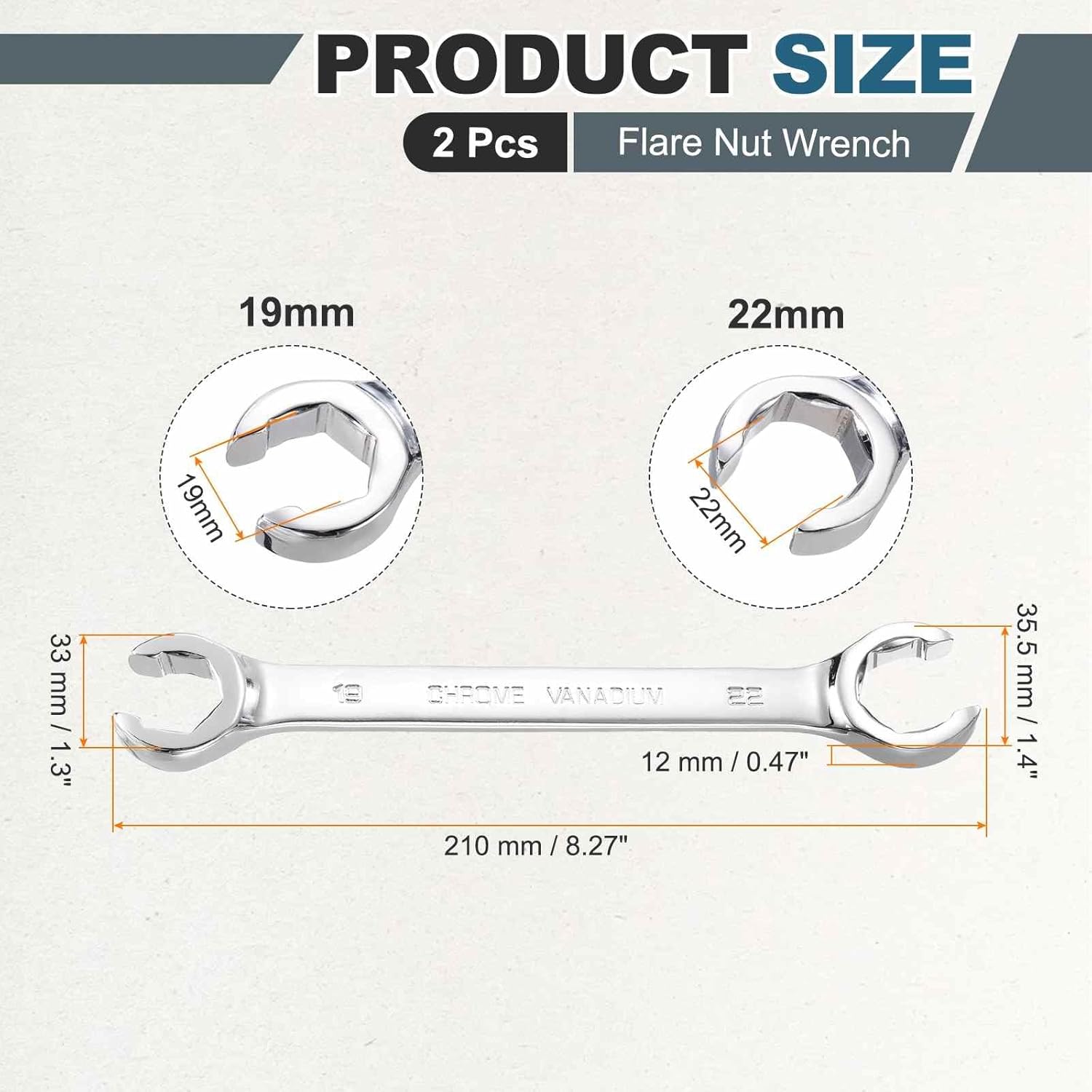 HARFINGTON 2 Pcs Flare Nut Wrench 19mm x 22mm Metric Double Open End Thick Spanner Mirror Polish Finish 45# Steel Brake Line Wrench For Fuel Tube Hose Transmission Line, Silver