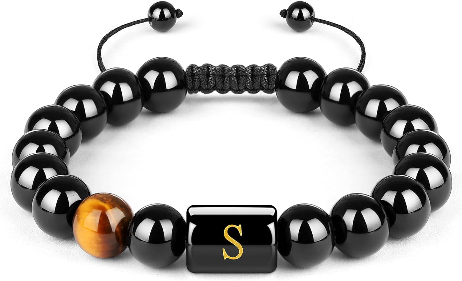 Bracelets for Men Initials Letter Link Handmade Natural Black Onyx Tiger Eye Stone Beads Braided Rope Meaningful Bracelet