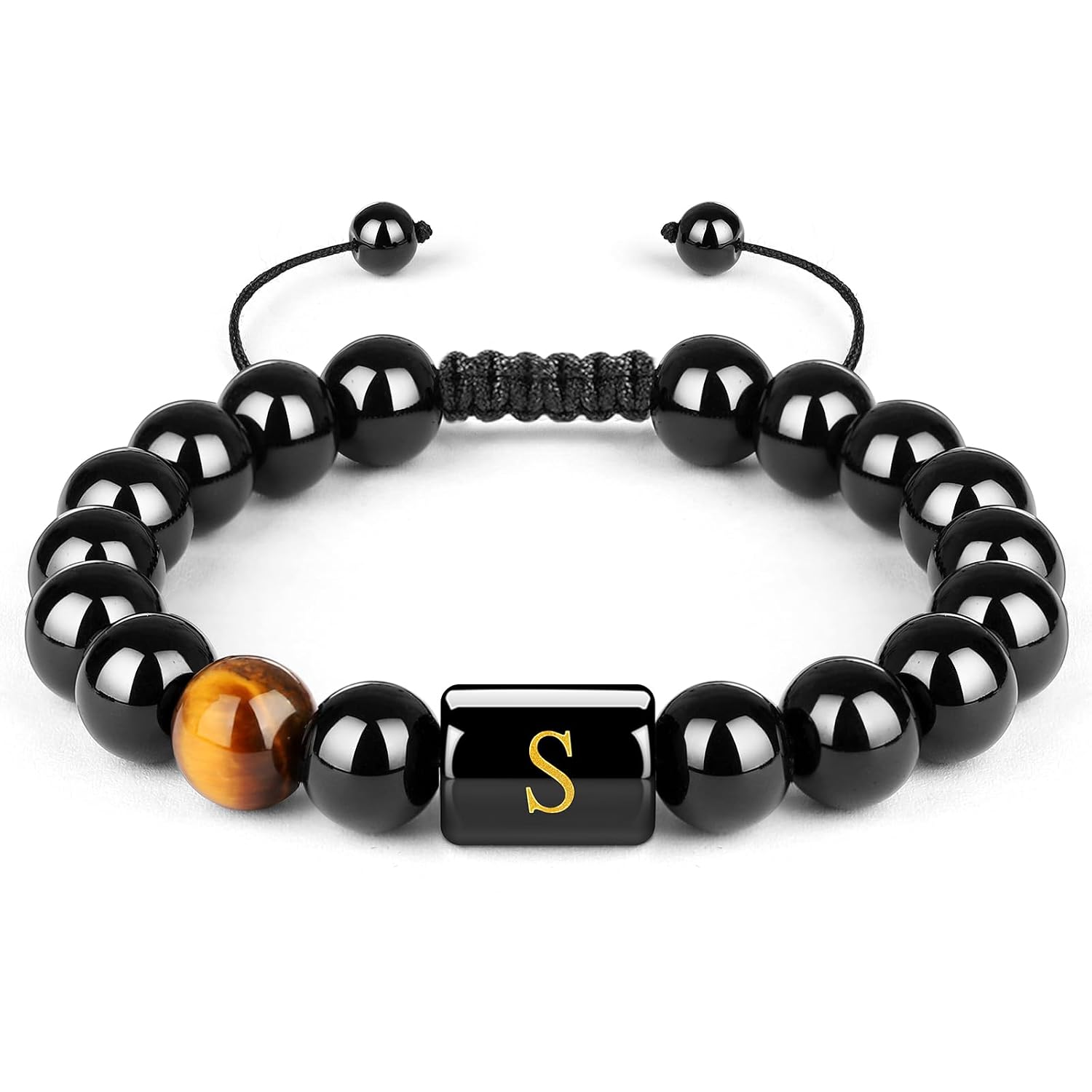 Bracelets for Men Initials Letter Link Handmade Natural Black Onyx Tiger Eye Stone Beads Braided Rope Meaningful Bracelet