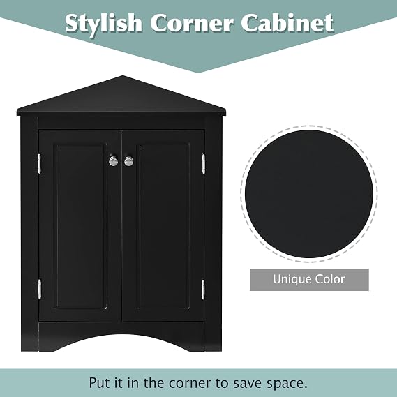 Home Corner Storage Cabinet, Bathroom Triangle Floor Storage Cabinet with Adjustable Shelves, Freestanding Floor Cabinet with 2 Doors (Black)