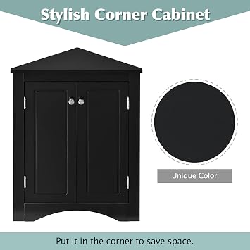 Home Corner Storage Cabinet, Bathroom Triangle Floor Storage Cabinet with Adjustable Shelves, Freestanding Floor Cabinet with 2 Doors (Black)