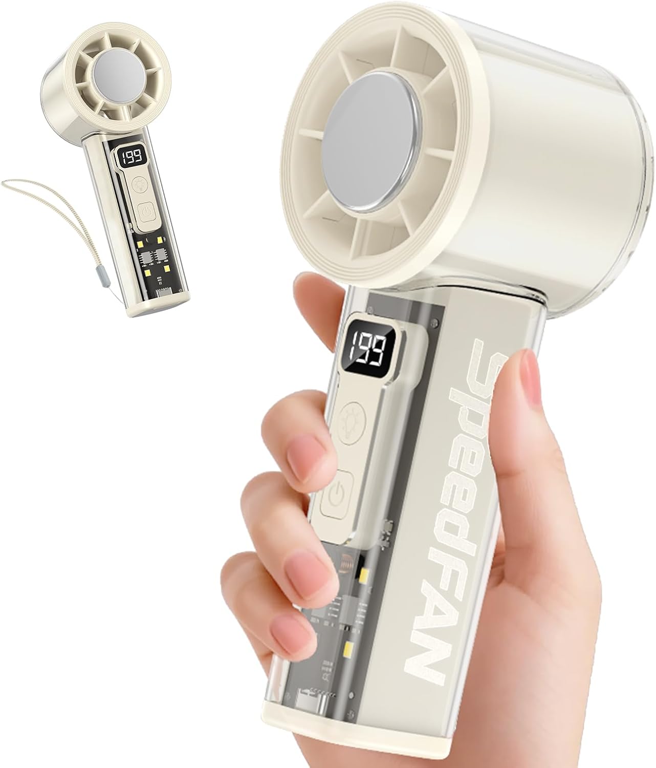 Portable Handheld Turbo Fan, 5-Speed Adjustable USB-C Rechargeable with LED Digital Display & 4-Mode Flashlight, Lightweight Personal Fan for Travel/Camping/Indoor Use, White