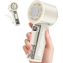 Portable Handheld Turbo Fan, 5-Speed Adjustable USB-C Rechargeable with LED Digital Display & 4-Mode Flashlight, Lightweight Personal Fan for Travel/Camping/Indoor Use, White