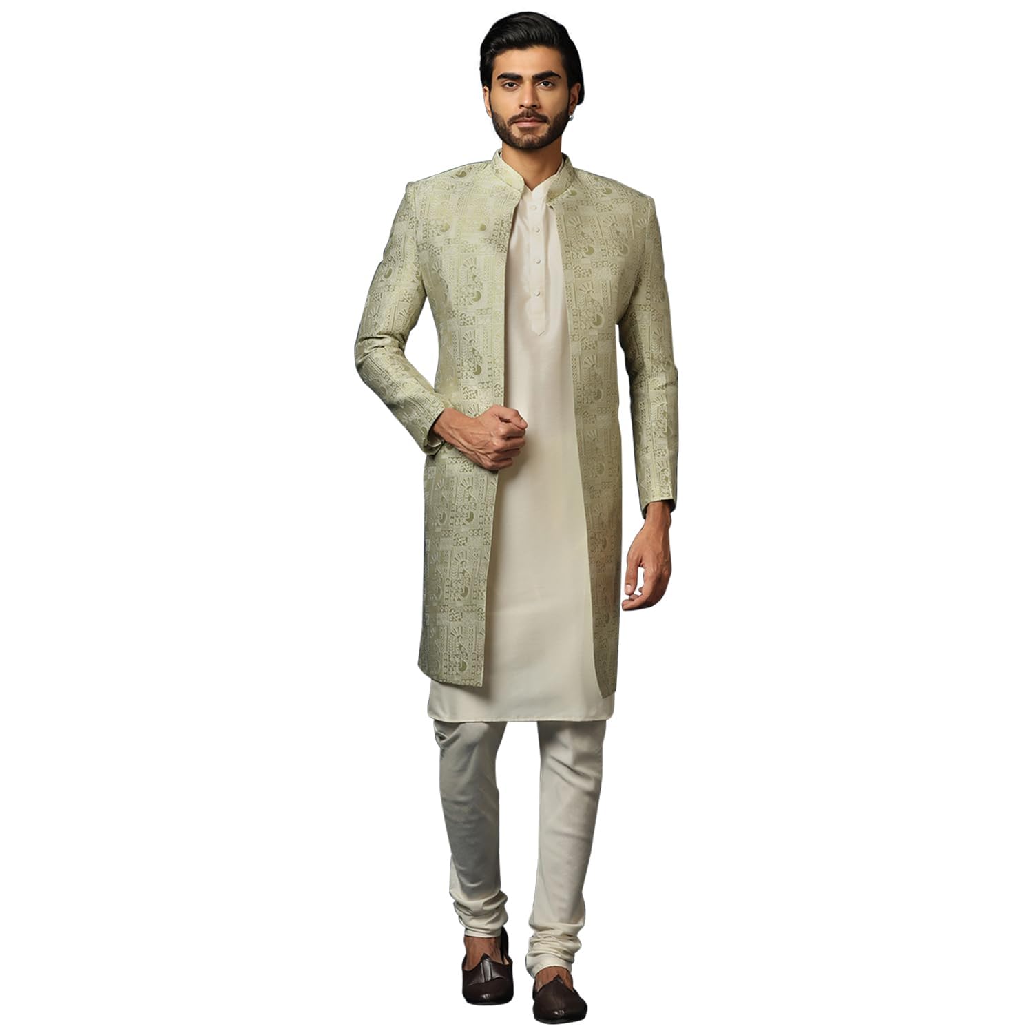Kisah Men's Beige And Silver Indo-Western Kurta Sherwani Churidar Set Cotton Full Sleaves, Knee Length, Straight, Regular Fit, Mandarin Collar Ethnic Wear