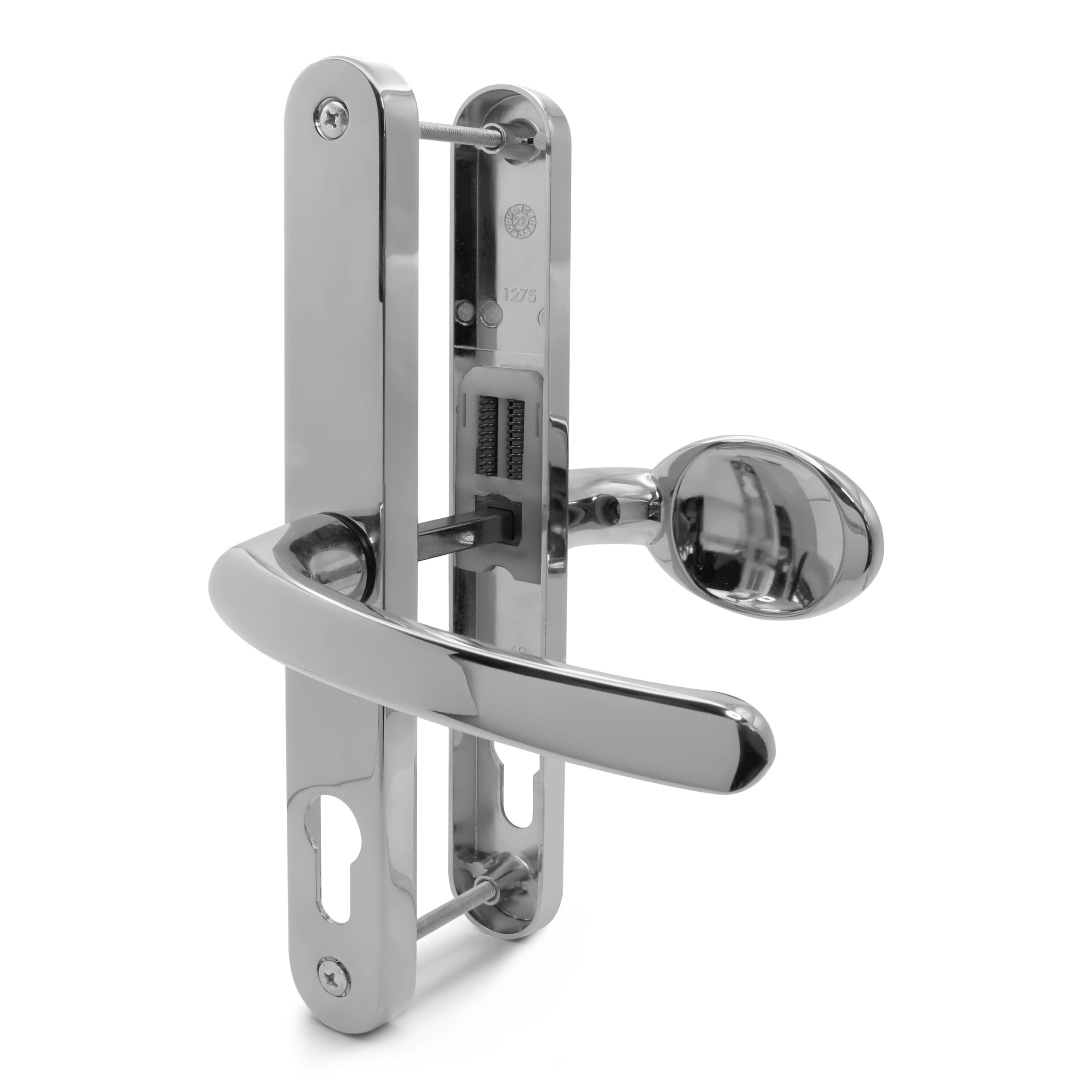 Tss Polished Chrome Upvc Door Handle Pair Set With Lever And Pad, Suits Fullex Locks, Sprung, 68Mm Pz (Centres), 215Mm Screw To Screw, Backplate 245Mm X 32Mm, Replacement Pvc Door Handle In Polished C