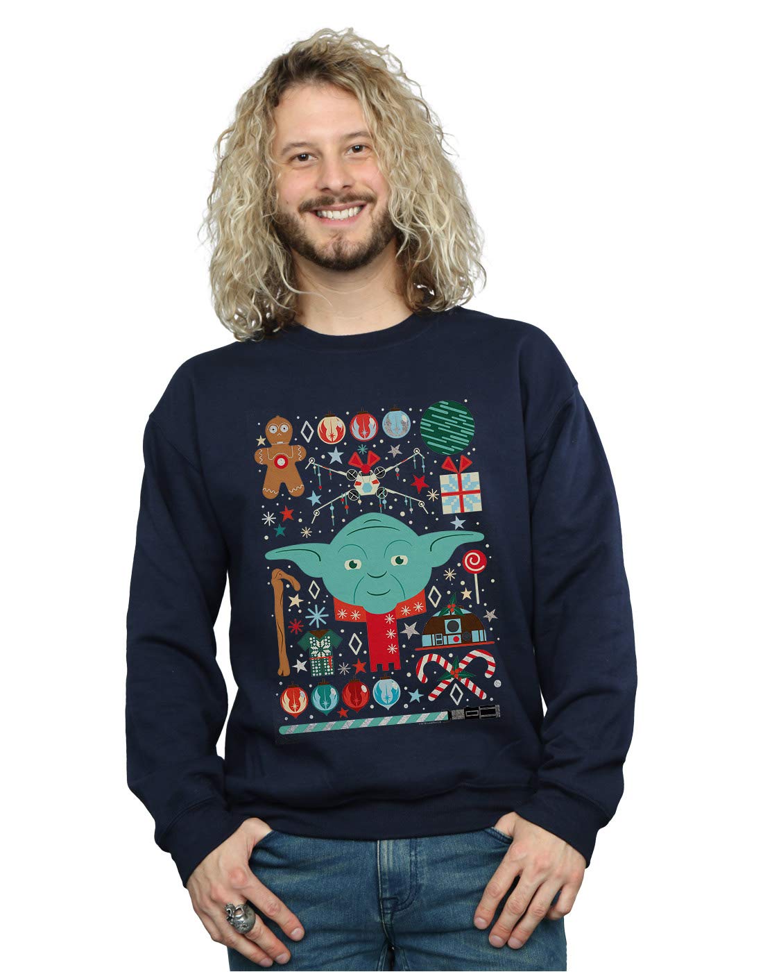 Absolute Cult Star Wars Men's Yoda Christmas Sweatshirt Navy Blue Medium
