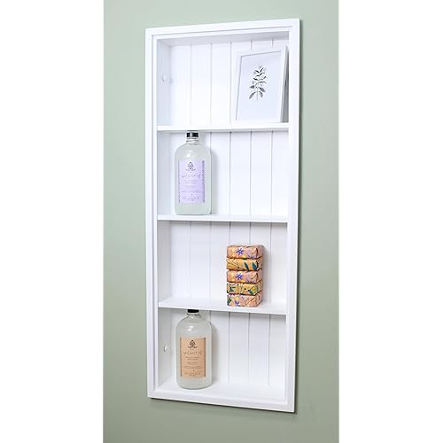 Fox Hollow Furnishings 14x36 Recessed Sloane Wall Niche, 4 Shelves - Wall Shelf for Storage and Home Decor (Sloane White W/Beadboard Back)