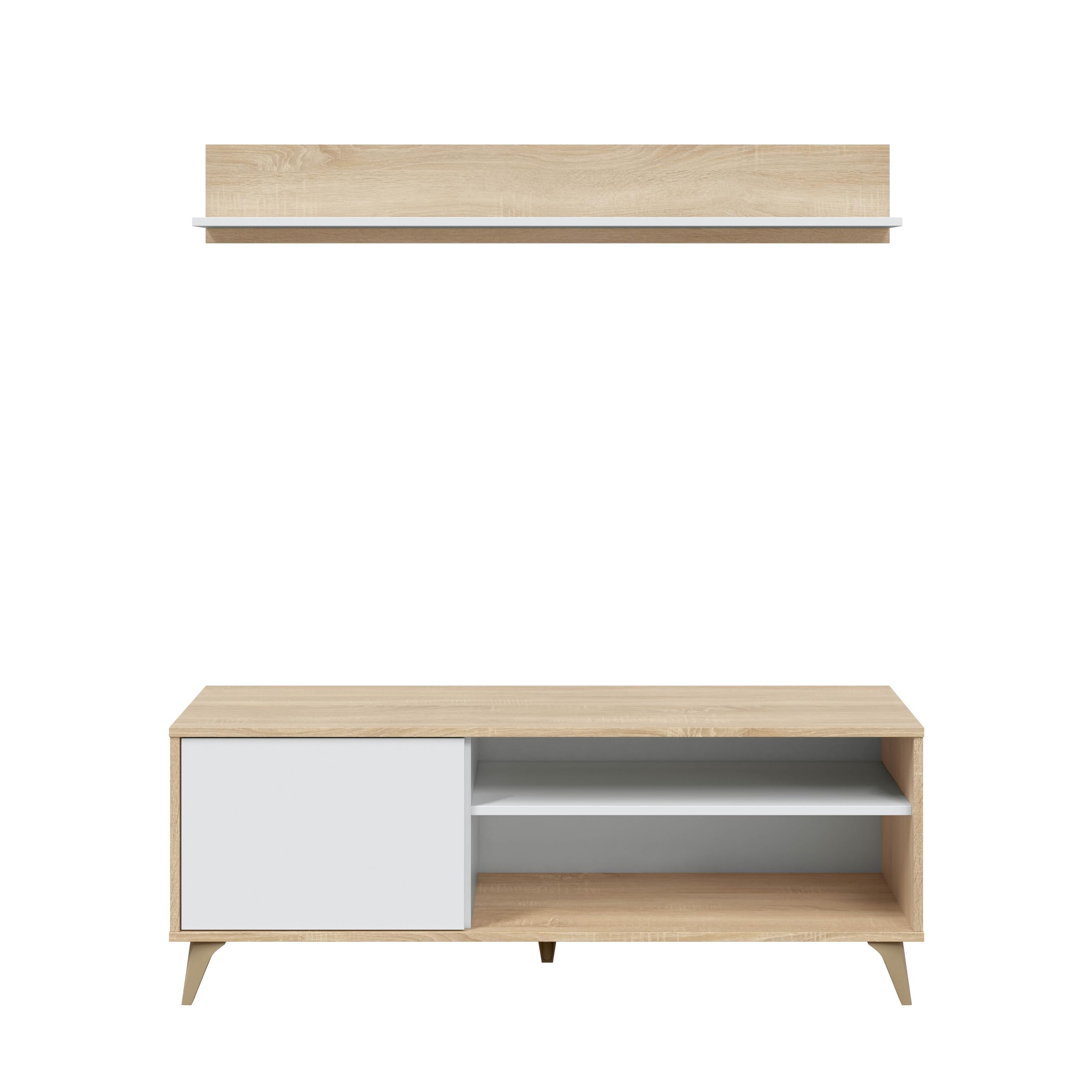 amuéblate online - Mueble Moderno de TV con 1 Puerta y 2 Compartimentos + Estante en L, Modelo Edu, Acabado en Color Blanco y Roble Canadian