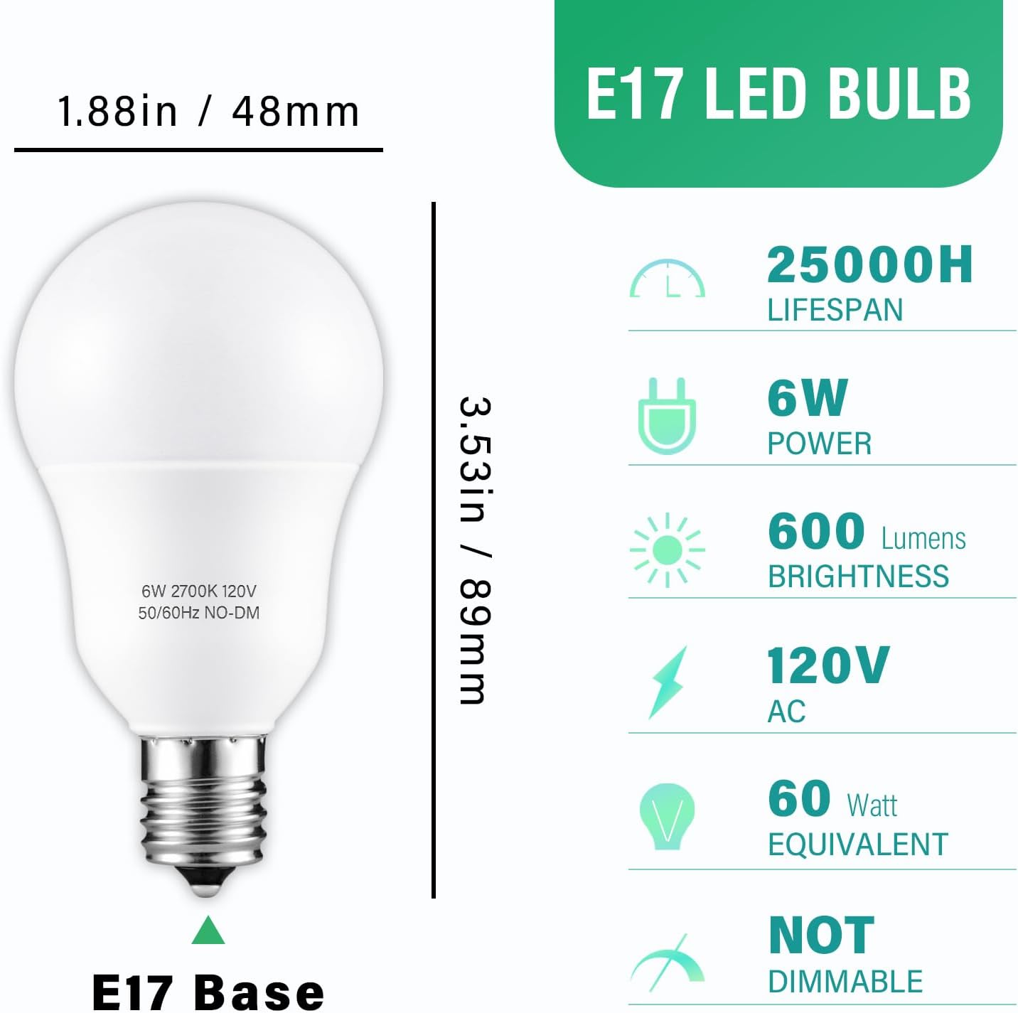 E17 Intermediate Base LED Light Bulbs, 6W(60 Watt Equivalent), Warm White 2700K, 600lm, G14 LED Bulb for Ceiling Fan, Non-Dimmable, Pack of 4