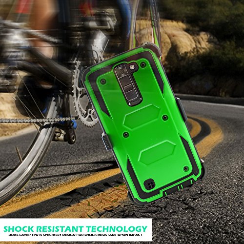 Lg K7 / Tribute 5 / Escape 3 / Treasure/Phoenix 2, Mstechcorp Heavy Duty Full-Body W/Built-In [Screen Protector] Rugged Holster Armor Case & [Belt Clip][Kickstand] With Goodie (Green Black) #TOP3