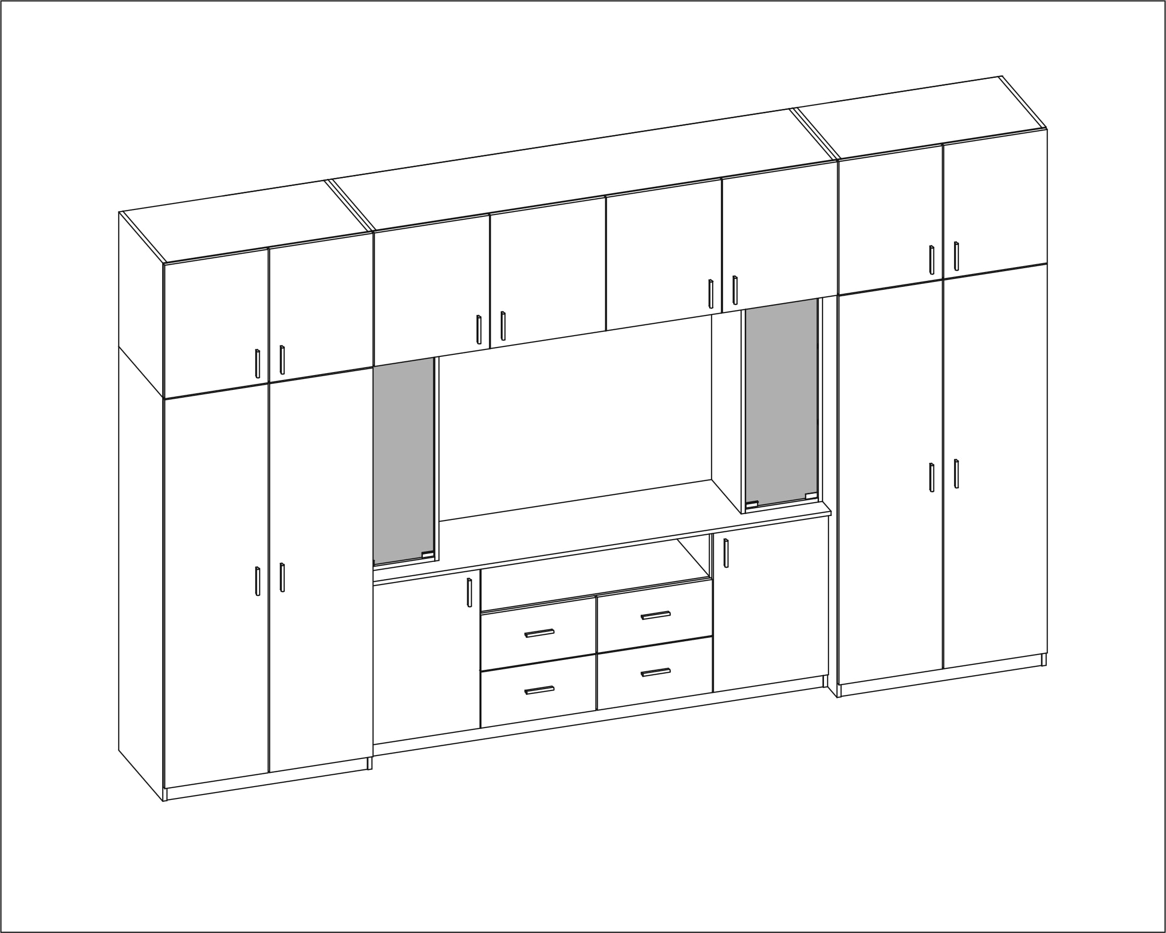 Meblościanka do salonu Nesto – nowoczesna meblościanka 380 cm, szafa do salonu – dwie szafki, wysuwana szafka RTV, szkło dymne w witrynach, wysuwana nad głową (dąb leflki)