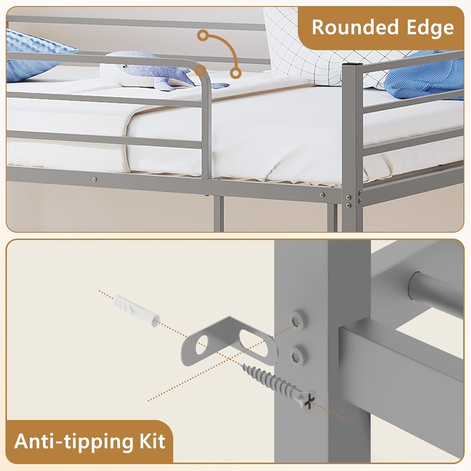 Rounded edge design and anti-tipping kit for bunk bed