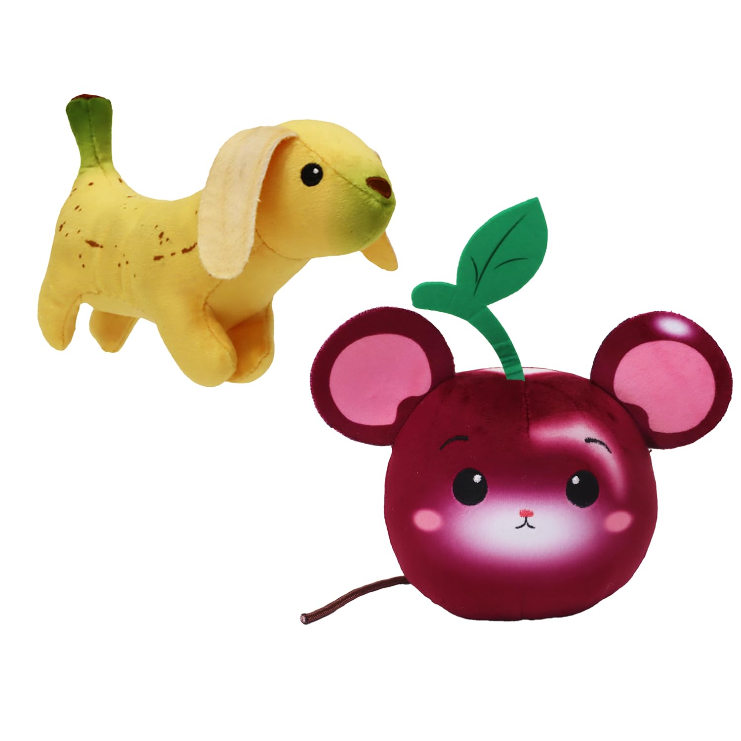 FOODIBLES Banana Dog & Cherry Mouse soft cuddly plush toys, these stuffed animal toys are 10cms tall teddy bears, Yellow