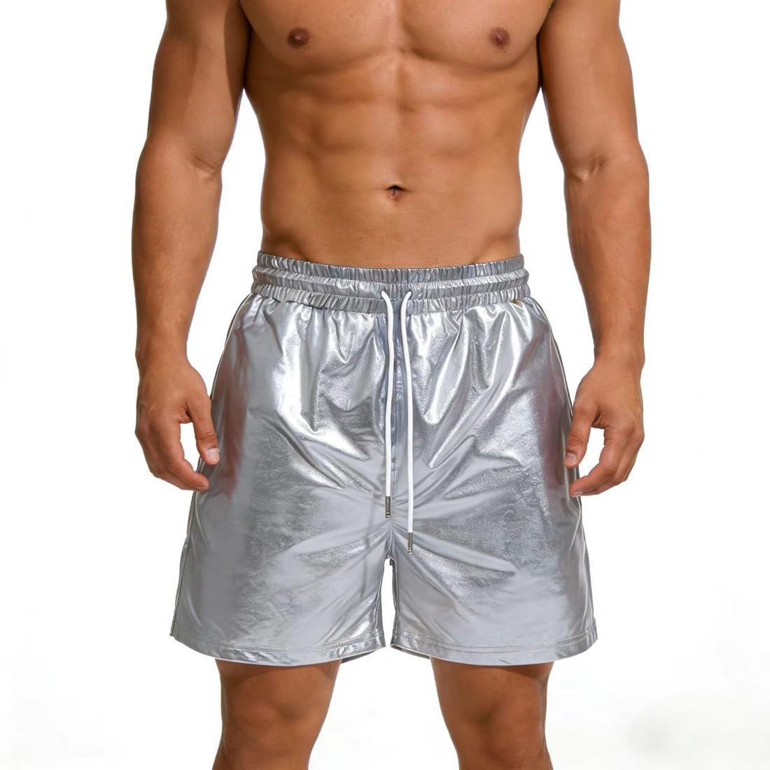 Mens Metallic Shorts, Sexy Rave Hot Short with Side Pockets, Elastic Metallic Pu Leather Shorts for Clubwear, Sparkly Shorts for Dancewear Nightclub Rave Party, Loose Casual Shorts Pants