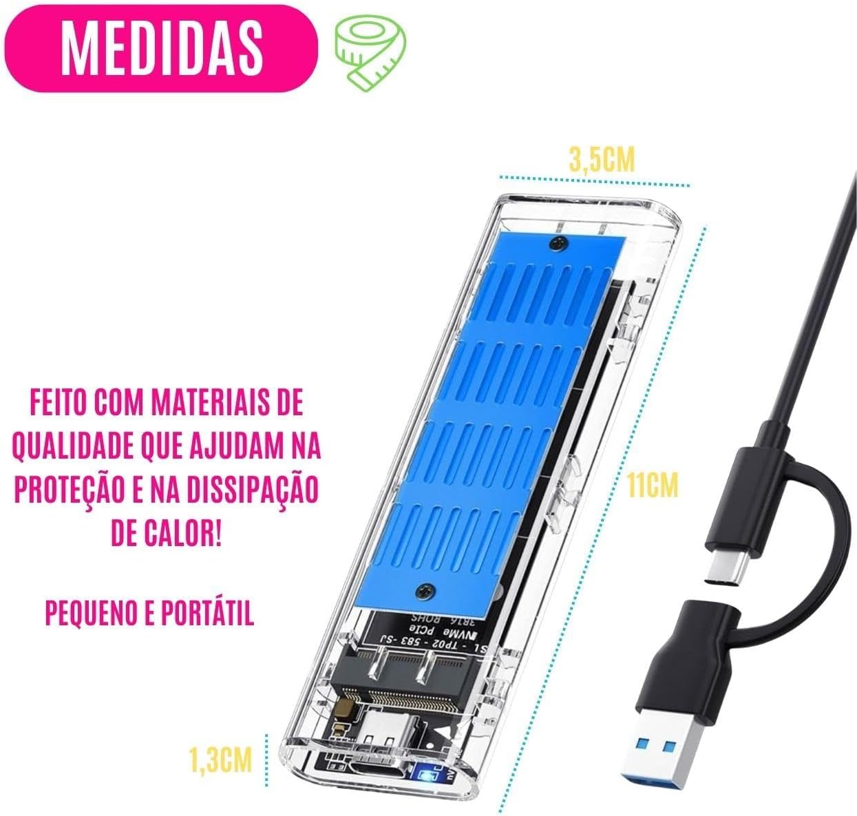 Case Adaptador Externo M.2 NVMe Testado por 7 dias para SSDs 22x30 até 80mm