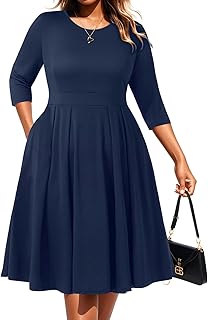 Plus Size Work Dresses - Fall Church Office Semi Formal Fit and Flare Midi Dress with Pockets - Buy now