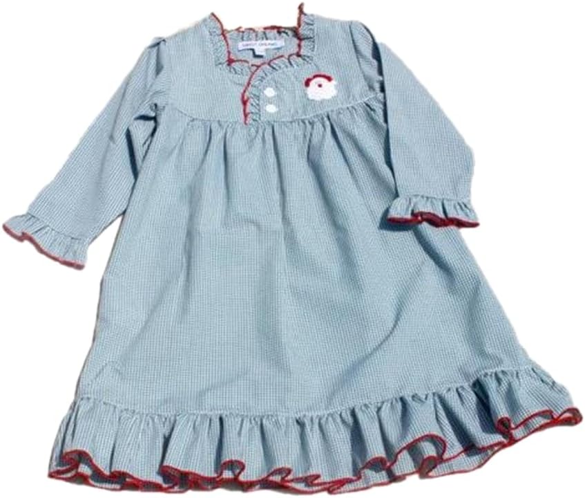 sweet dreams Santa Embroidered Green Gingham Checked Christmas Girls Nightgown 7Y