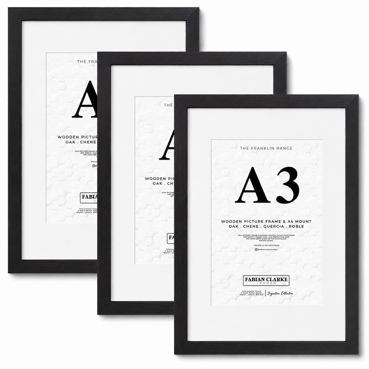 A3 Picture Frame Set Pack of 3 Modern Black Wooden Picture Photo Frame For Certificate or Noticeboard Poster with White A4 Mount