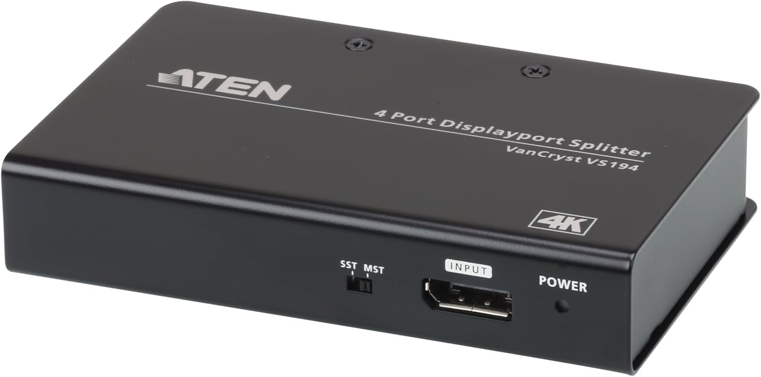 ATEN VS194 4-Port True 4K DisplayPort Splitter SST Split or MST Extended Display - Connect 1 DP Source to 4 Display Port Computer Monitor - TAA Compliant - Metal