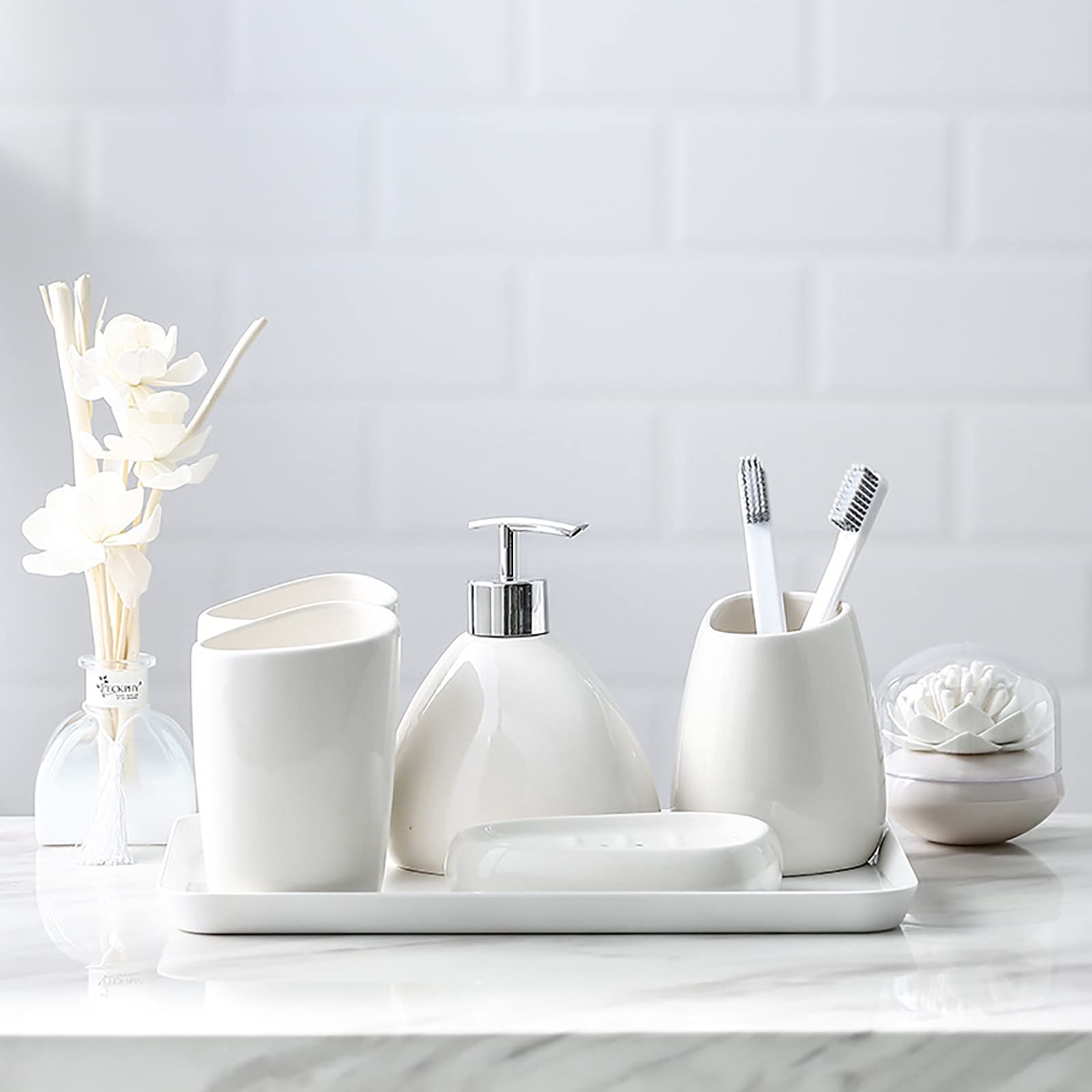 Juegos de Accesorios de baño, Acesorios Cuartos de Baño 5 Piezas para Dispensador Jabon Baño, Jabonera Baño, Porta Cepillo de Dientes, Dosificador Jabon Baño para Gel de Ducha Cerámica Blanco
