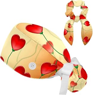 FVQL 2 Pieces Surgical Cap for Long Hair Scrub Cap with Hairband Nurse Cap, Valentines Hearts Love Pattern