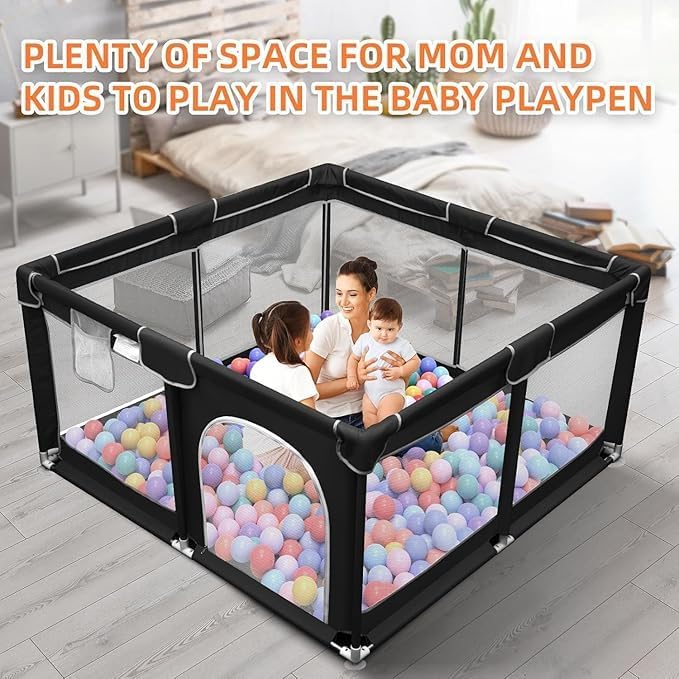 Image of Baby Playpen with Balls - Portable Play Yard with Mesh Panels for Safety & Visibility, Indoor /Outdoor Toddler Activity Fence for Boys & Girls (Black)