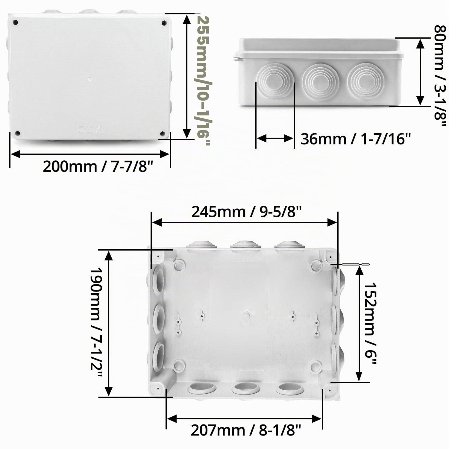 QWORK® Caja de derivación 255 x 200 x 80 mm, para exterior iluminación cable de conexión eléctrica, IP65, plástico ABS, blanco