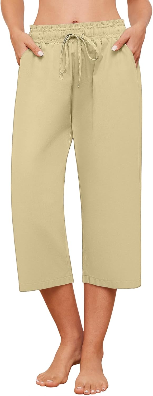 Larmliss Womens Capri Pants Casual Wide Leg Drawstring Elastic Waist Loose Lounge Cropped Pants with Pockets - Image 2