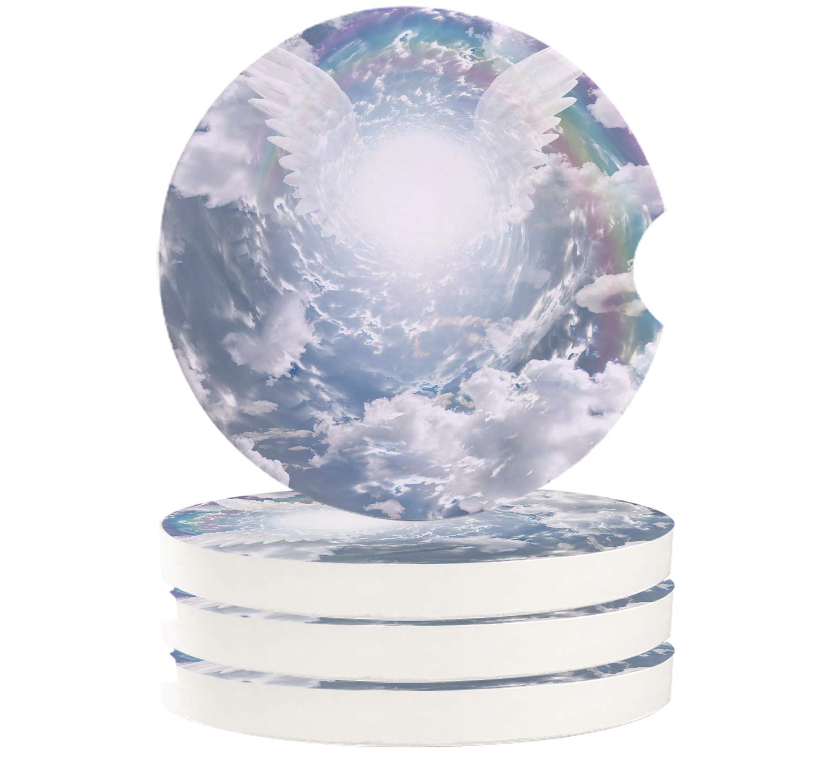 Absorbent Coaster Set for Auto Natural Scenery Beautiful Dreamy Rainbow Sun and Wings Ceramic Car Cup Holder Coasters with Fingertip Notch for Easy Removal Set of 4